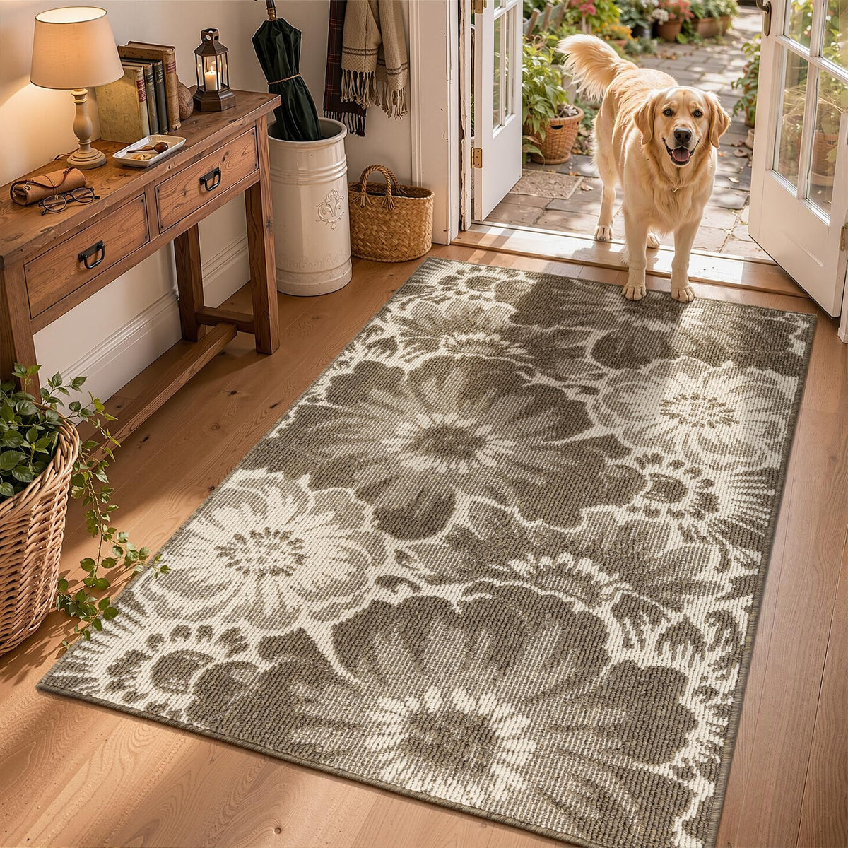 Findosom Hallway Runner Rug 2x6, Non Slip High-Low Textured Floral Washable Runner Rug with Rubber Backing, Boho Carpet Runner for Kitchen, Entryway, Bedroom, Laundry, Black & Beige