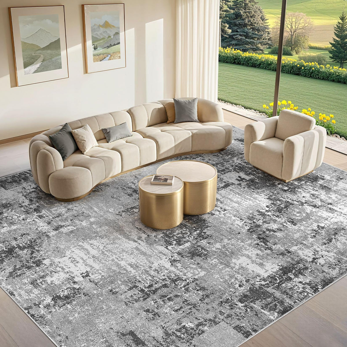 Tortania Washable 8x10 Area Rug for Living Room: Modern Abstract Neutral Large Soft Thin Rugs - Non Slip Indoor Carpet for Bedroom Dining Room Office Nursery Home Floor Decoration - Smoky Gray