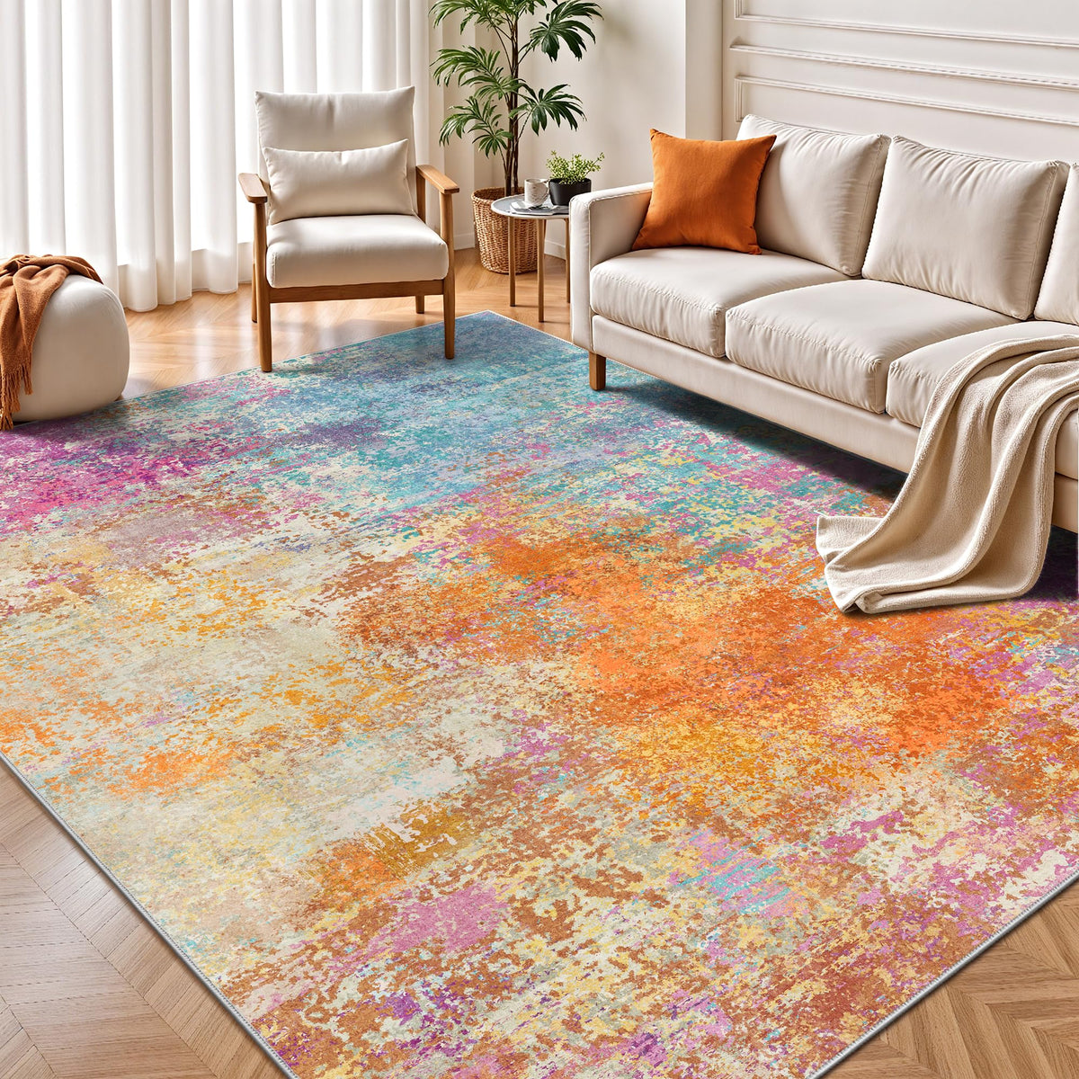 8x10 Rugs for Living Room - Modern Abstract Low Pile Washable Rug, Ultra Soft Non Slip Large Rugs, Floor Carpet for Bedroom Dining Room Office Laundry Nursery Home(Brown)