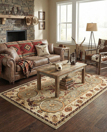 Rugs.com - Pioneer Rug – 5 Ft Square Ivory Easy-Clean Rug – Rustic Decor for Living Rooms, Bedrooms, and Entryways