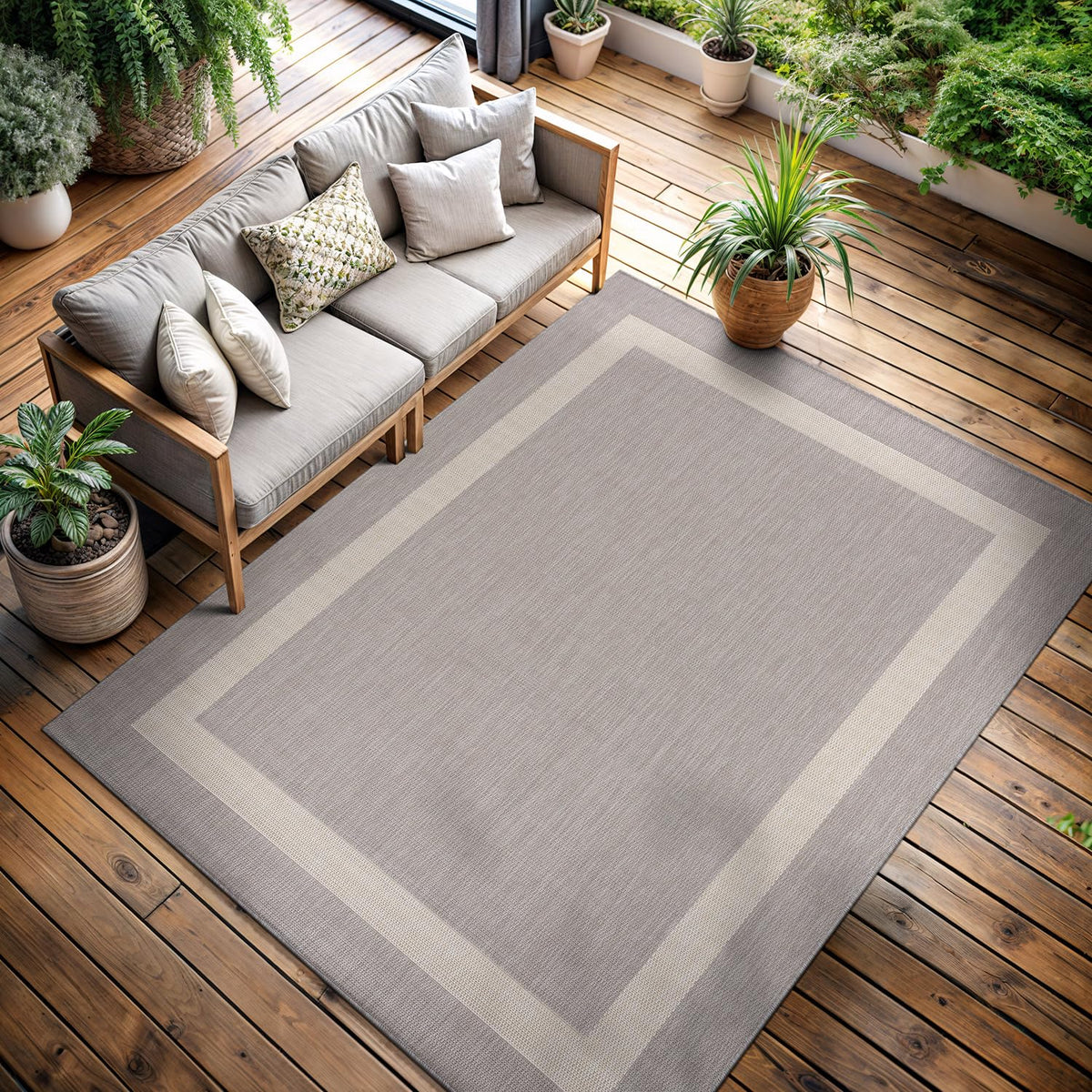 CAMILSON Indoor Outdoor Rug, 6x9 Bordered Dark Grey Black Modern Area Rugs for Indoor and Outdoor Patios, Kitchen and Hallway Mats, Washable Porch Deck Outside Carpet (Bordered Black, 6 x 9)