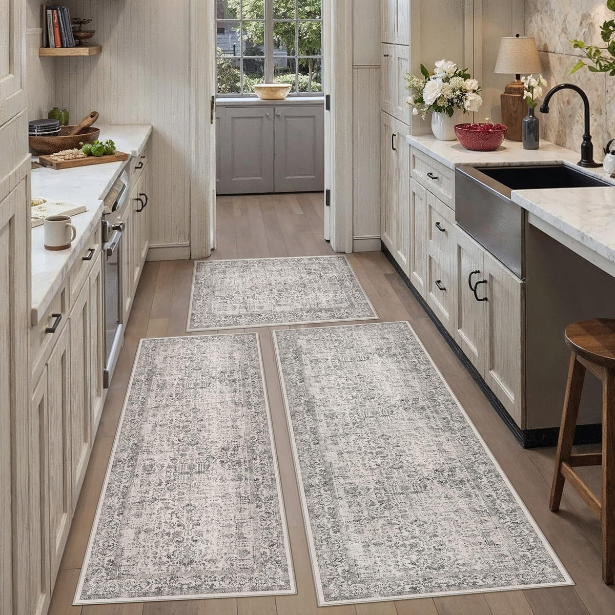 HUGEAR 3-Piece Grey Neutral Kitchen Rug Set