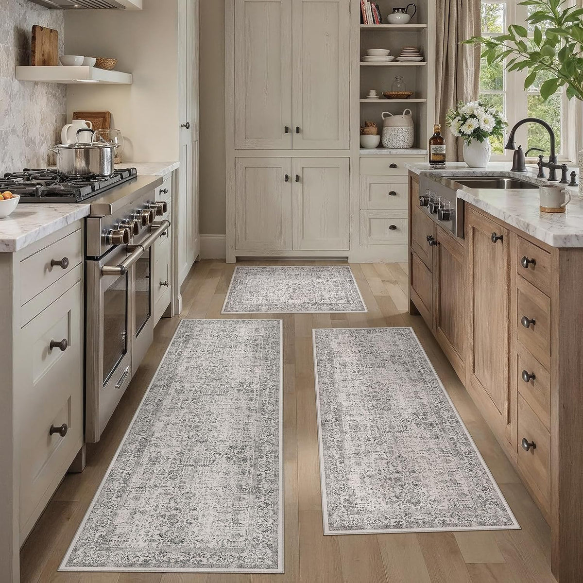 HUGEAR 3-Piece Grey Neutral Kitchen Rug Set