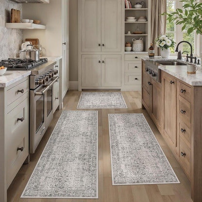 HUGEAR 3-Piece Grey Neutral Kitchen Rug Set