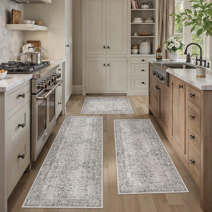 HUGEAR 3-Piece Grey Neutral Kitchen Rug Set