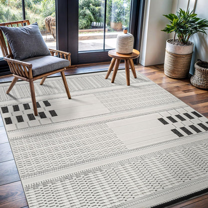 CAMILSON Modern Rug 6x9 Luxury Geometric Pattern Micro Loop Area Rugs Soft High and Low Pile Stain Resistant Easy to Clean Non-Shedding Durable Living Room Office Indoor Carpet (White/Black)