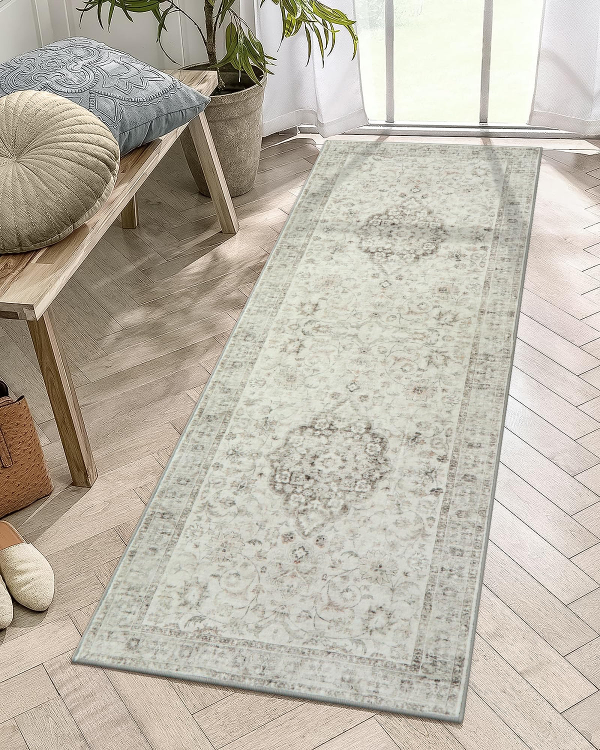 LIVEBOX Washable Area Rug 5x7 Rugs for Living Room Bedroom, Non-Slip Boho Neutral Carpet for Dining Room Office, Low-Pile Farmhouse Soft Carpets for Kids Nursery Room Playroom, Tan