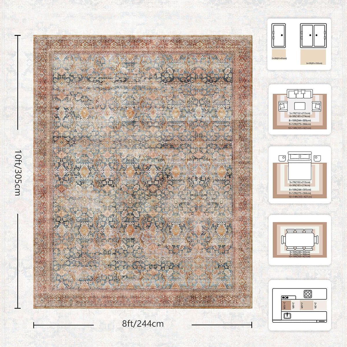8x10 Area Rugs for Living Room - Washable Vintage Retro Large Rug, Soft Ultra Thin Non Slip Low Pile Traditional Distressed Boho Carpet for Bedroom Dining Room Home Office, Rust Clay