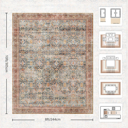 8x10 Area Rugs for Living Room - Washable Vintage Retro Large Rug, Soft Ultra Thin Non Slip Low Pile Traditional Distressed Boho Carpet for Bedroom Dining Room Home Office, Rust Clay