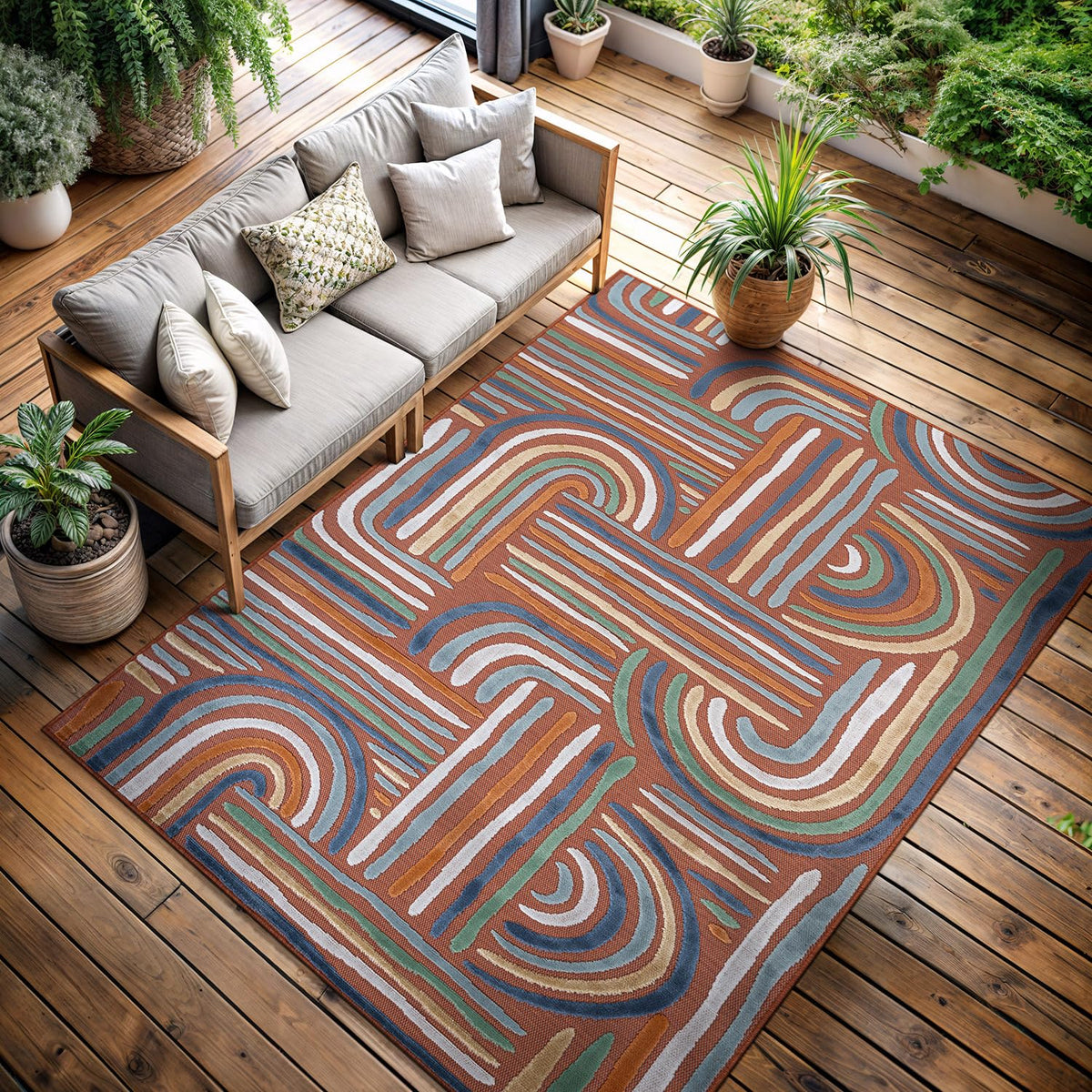 CAMILSON Indoor Outdoor Rug, Multi 5x7 Leaf Tropical Botanical Area Rugs for Indoor and Outdoor patios, Easy-Cleaning Non-Shedding Living Room, Garden and Kitchen Washable Outside Carpet (5 x 7)
