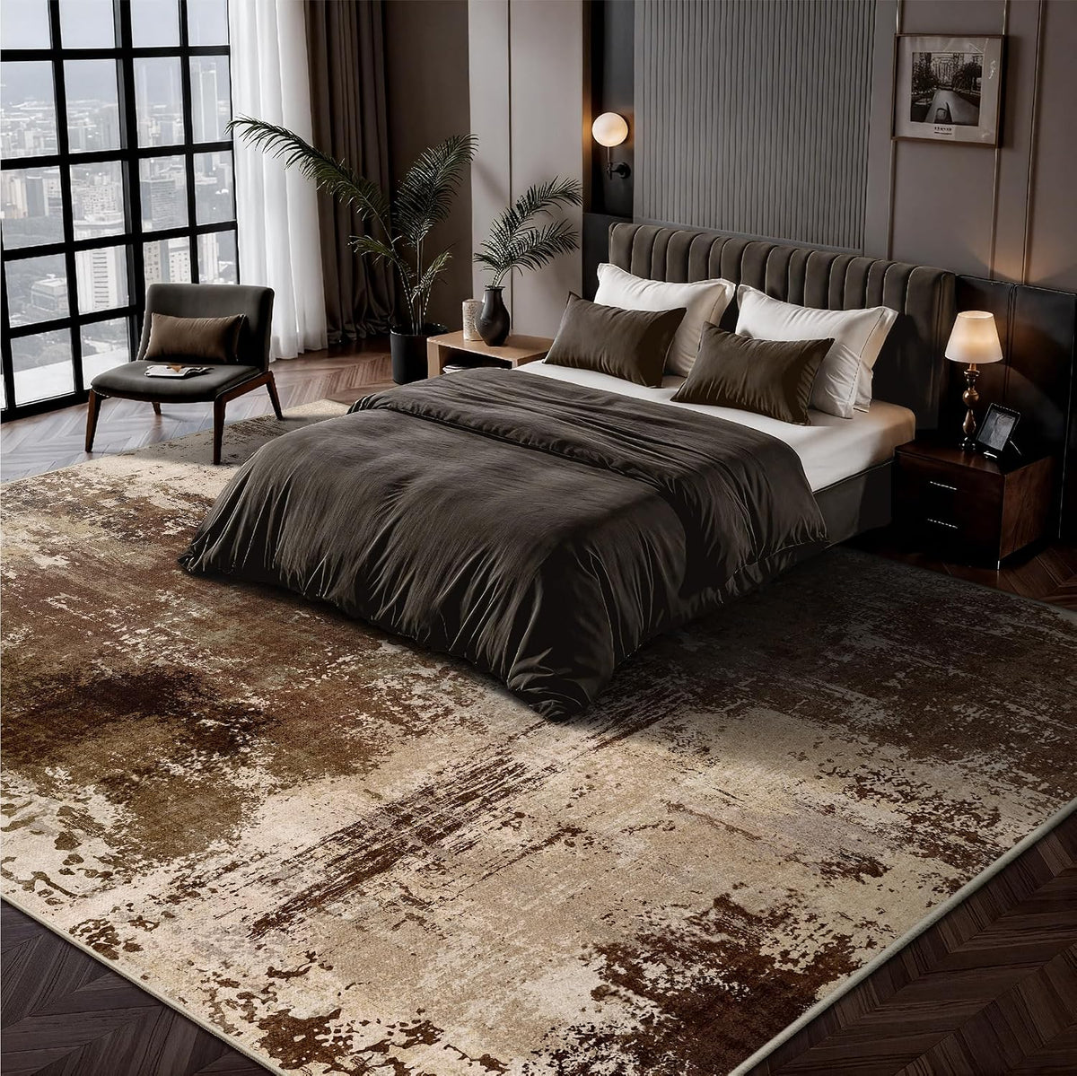 8x10 Rugs for Living Room - Modern Abstract Low Pile Washable Rug, Ultra Soft Non Slip Large Rugs, Floor Carpet for Bedroom Dining Room Office Laundry Nursery Home(Brown)