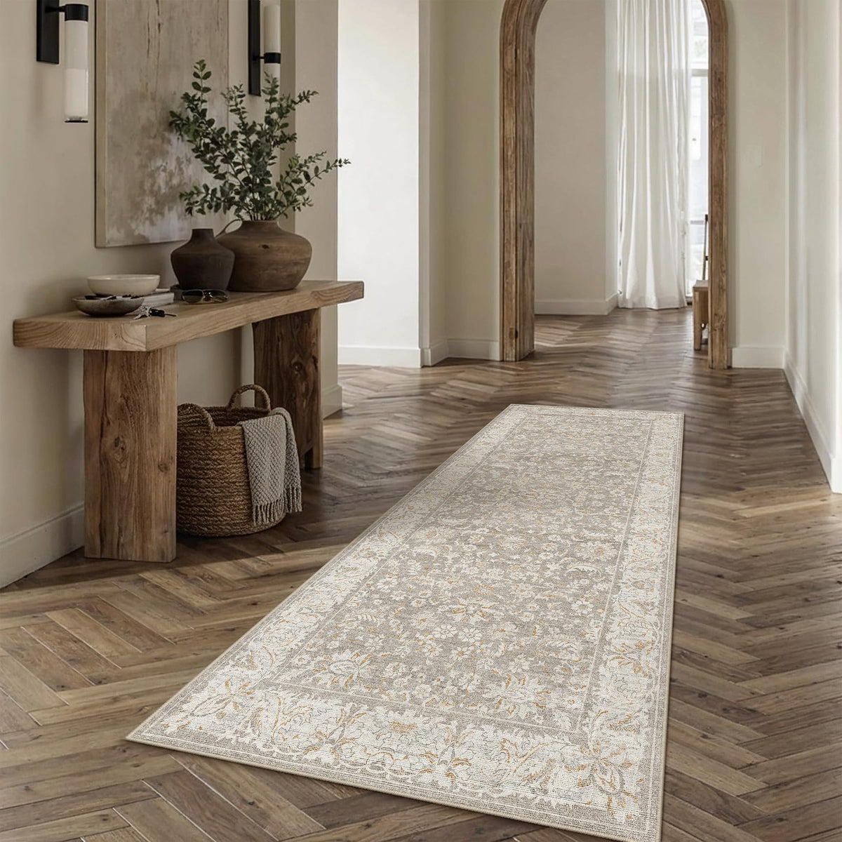 8x10 Washable Area Rug Beige Grey Non Slip Vintage Carpet