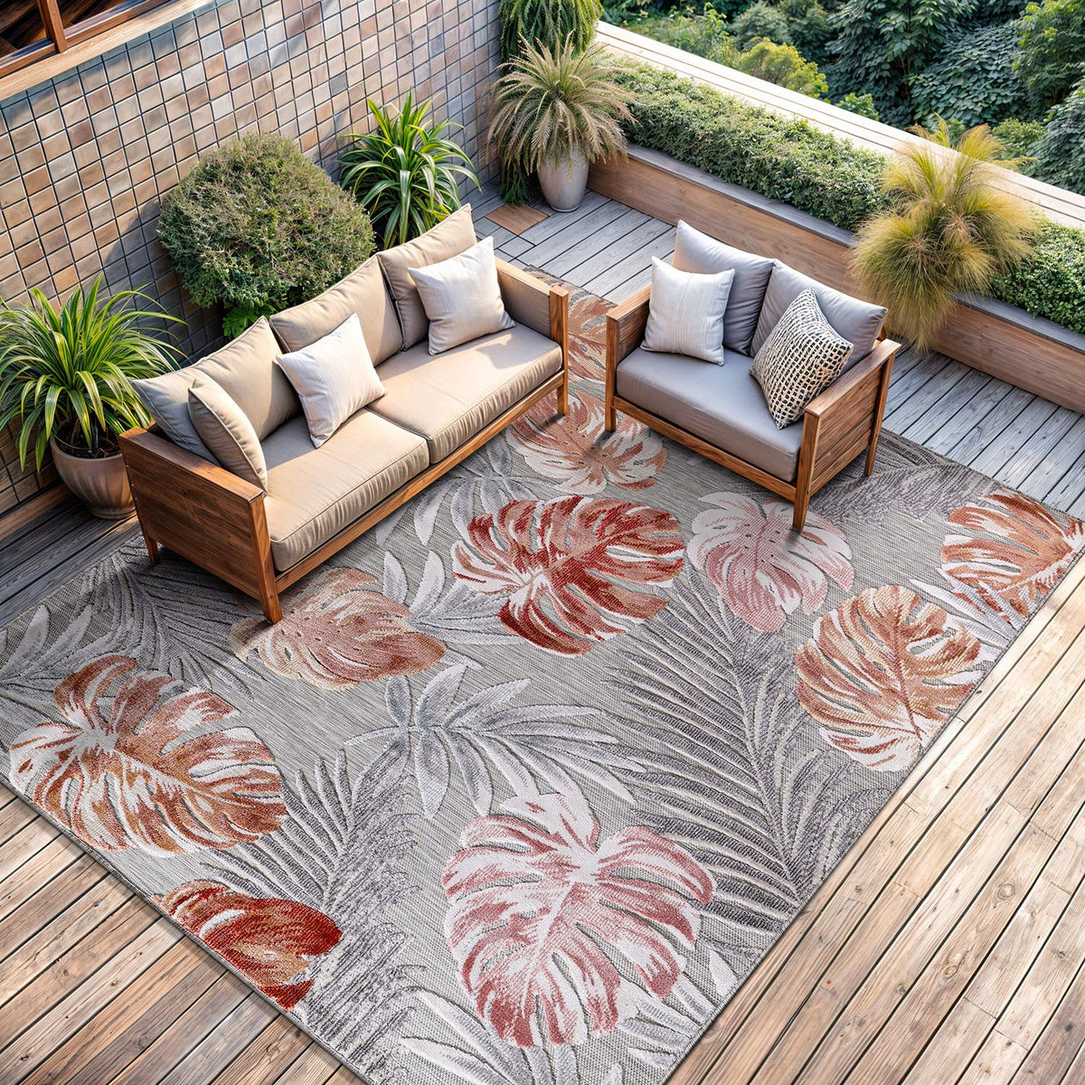 CAMILSON Indoor Outdoor Rug, Multi 5x7 Leaf Tropical Botanical Area Rugs for Indoor and Outdoor patios, Easy-Cleaning Non-Shedding Living Room, Garden and Kitchen Washable Outside Carpet (5 x 7)