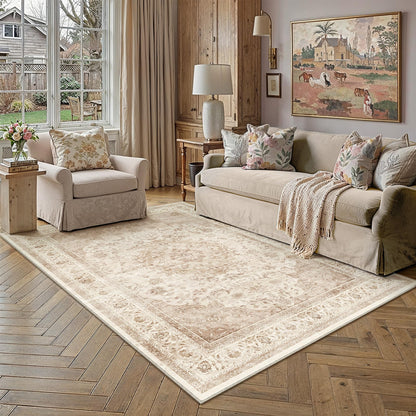 8x10 Washable Area Rug Beige Grey Non Slip Vintage Carpet