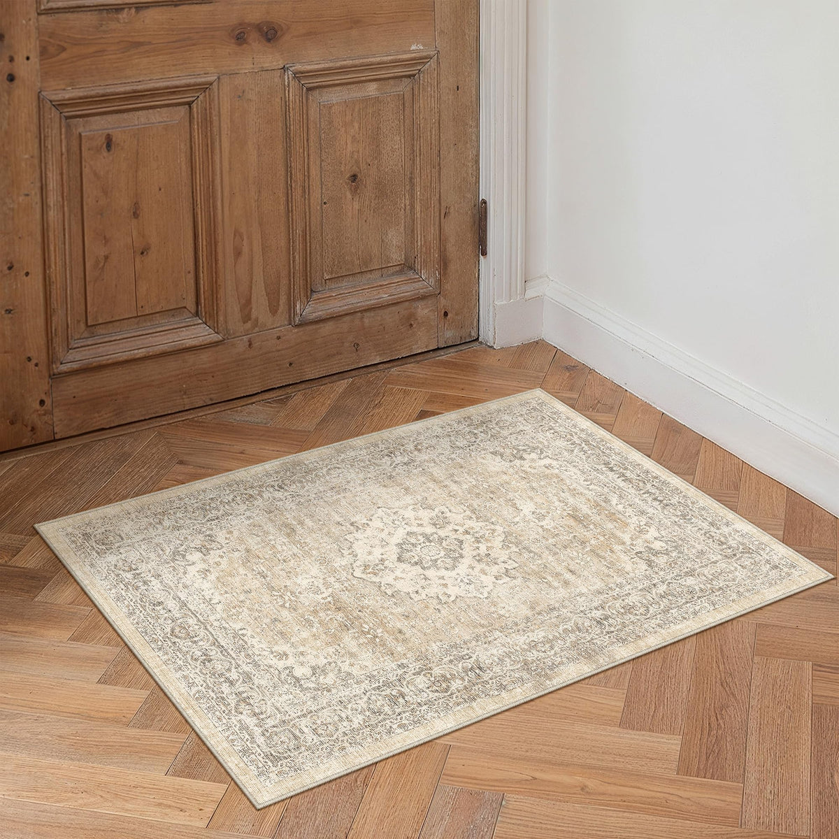 8x10 Washable Area Rug Beige Grey Non Slip Vintage Carpet