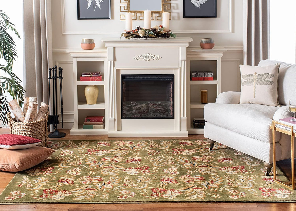 SAFAVIEH Lyndhurst Collection Area Rug - 5'3" Round, Sage, Traditional Floral Design, Non-Shedding & Easy Care, Ideal for High Traffic Areas in Living Room, Bedroom (LNH326B)