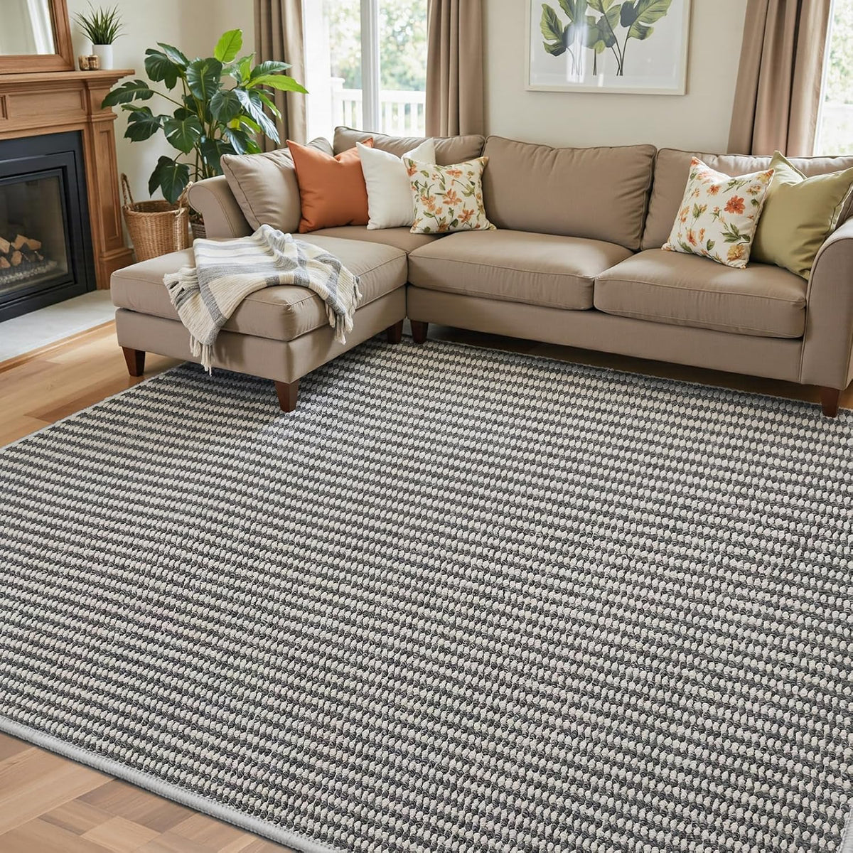 Faux Jute Area Rug 4'x6', Washable & Non-Slip, Grey & White