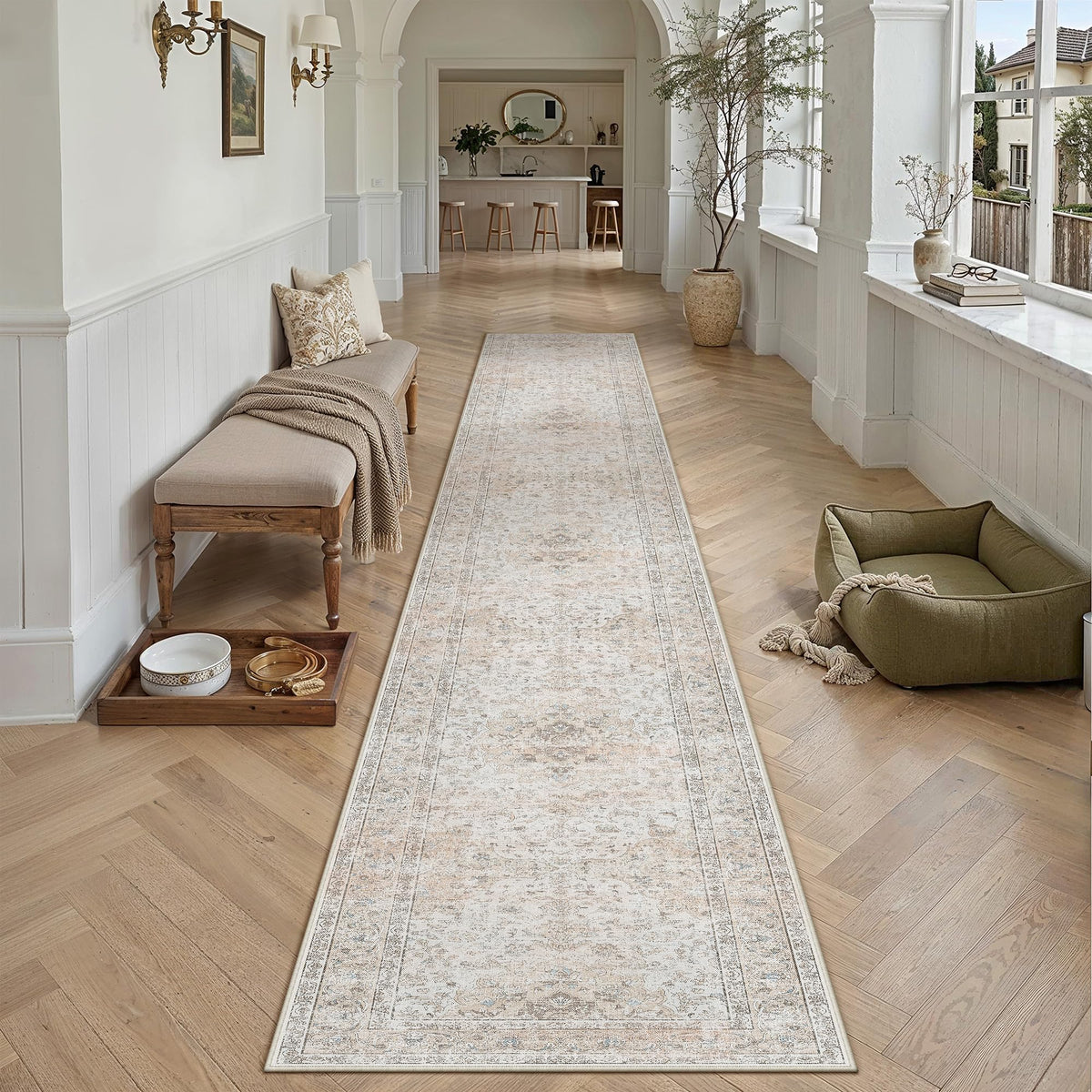 8x10 Washable Area Rug Beige Grey Non Slip Vintage Carpet