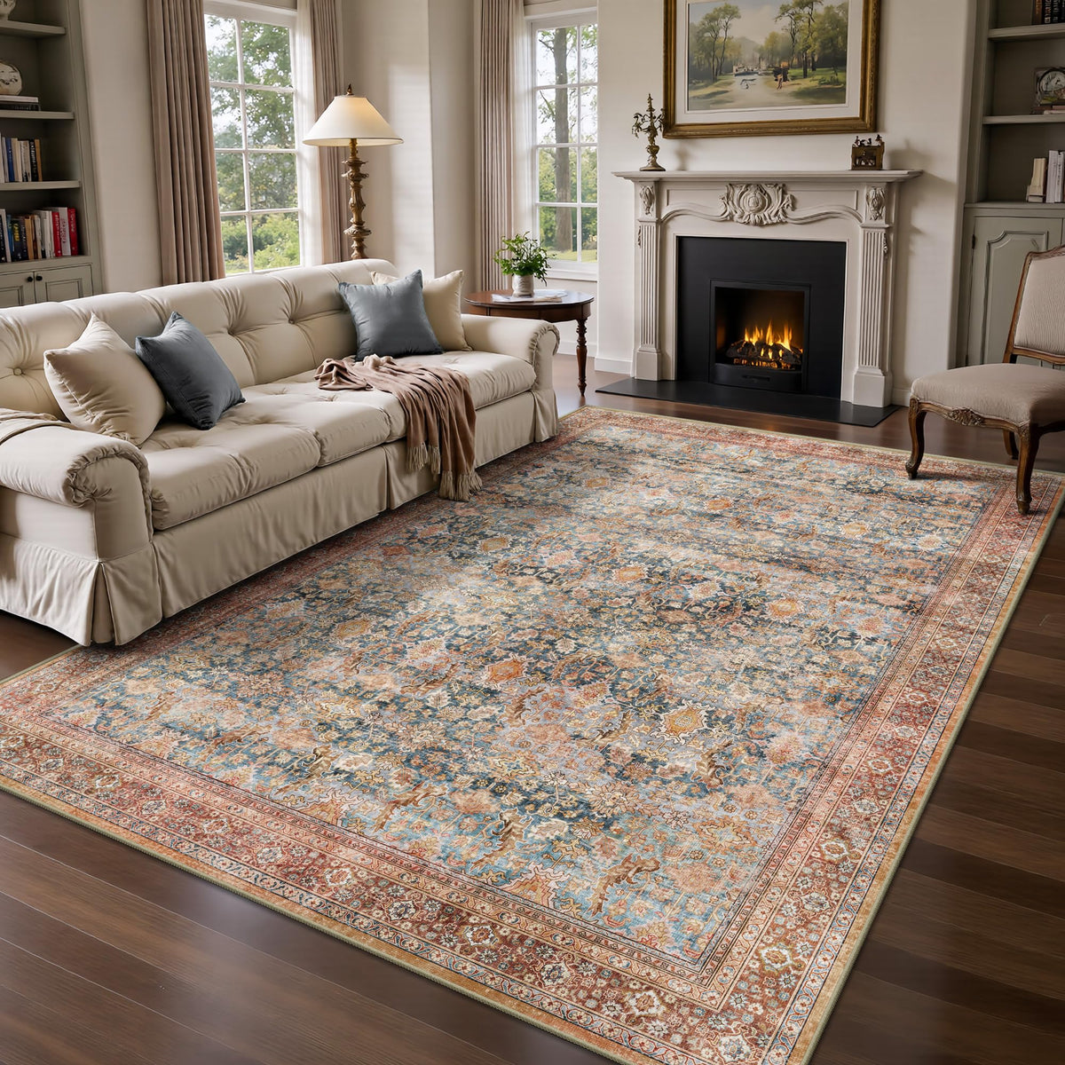8x10 Area Rugs for Living Room - Washable Vintage Retro Large Rug, Soft Ultra Thin Non Slip Low Pile Traditional Distressed Boho Carpet for Bedroom Dining Room Home Office, Rust Clay