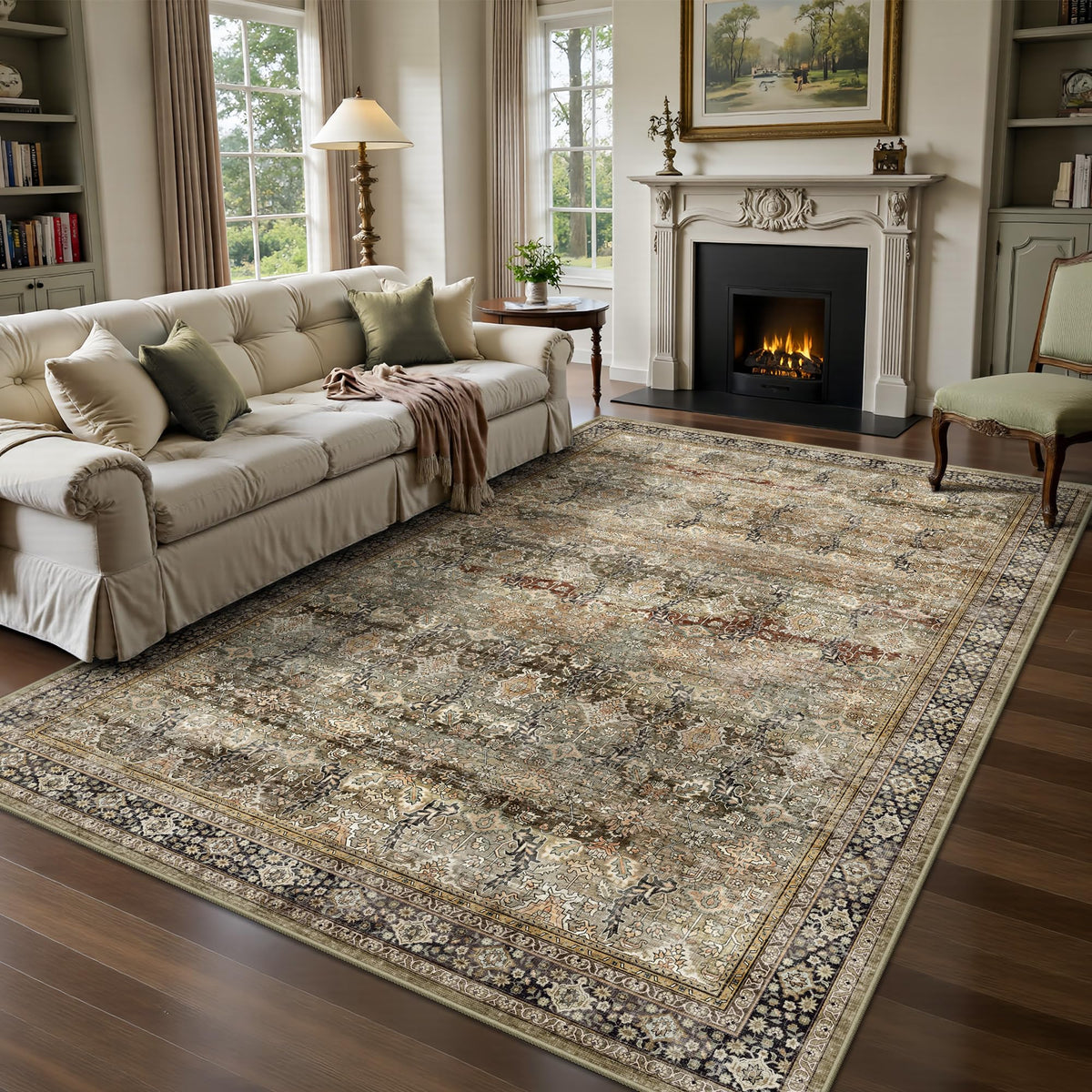 8x10 Area Rugs for Living Room - Washable Vintage Retro Large Rug, Soft Ultra Thin Non Slip Low Pile Traditional Distressed Boho Carpet for Bedroom Dining Room Home Office, Rust Clay