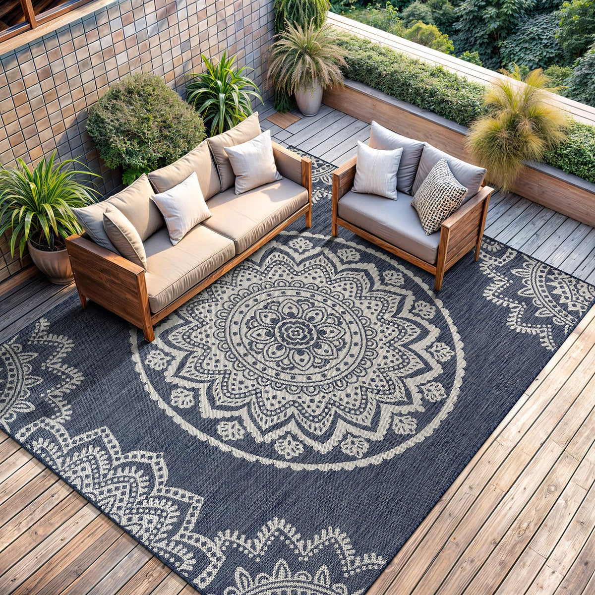 CAMILSON Outdoor Rug 5x7 Modern Area Rugs for Indoor and Outdoor Patios and Porches - Waterproof, Washable, Non-Shedding, Easy-to-Clean Outside Carpet (5 x 7, Medallion - Beige/White)