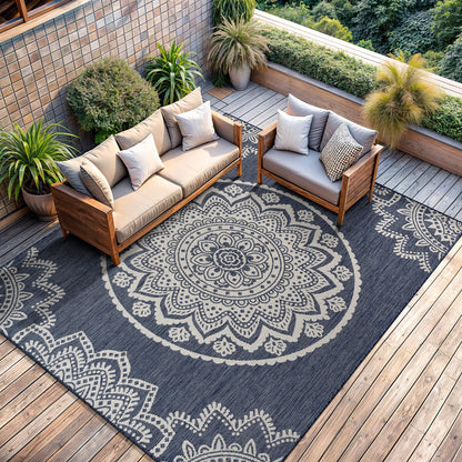 CAMILSON Outdoor Rug 5x7 Modern Area Rugs for Indoor and Outdoor Patios and Porches - Waterproof, Washable, Non-Shedding, Easy-to-Clean Outside Carpet (5 x 7, Medallion - Beige/White)