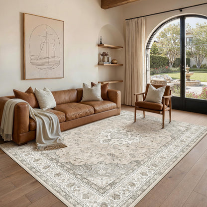8x10 Washable Area Rug Beige Grey Non Slip Vintage Carpet