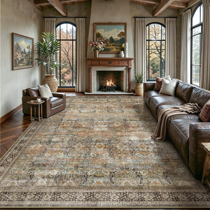8x10 Area Rugs for Living Room - Washable Vintage Retro Large Rug, Soft Ultra Thin Non Slip Low Pile Traditional Distressed Boho Carpet for Bedroom Dining Room Home Office, Rust Clay