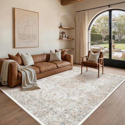 8x10 Washable Area Rug Beige Grey Non Slip Vintage Carpet