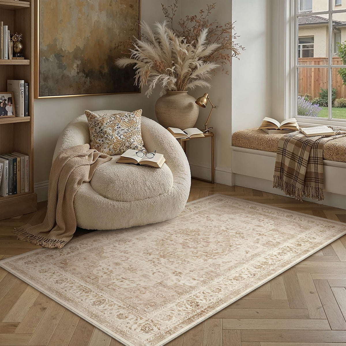 8x10 Washable Area Rug Beige Grey Non Slip Vintage Carpet
