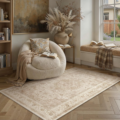 8x10 Washable Area Rug Beige Grey Non Slip Vintage Carpet