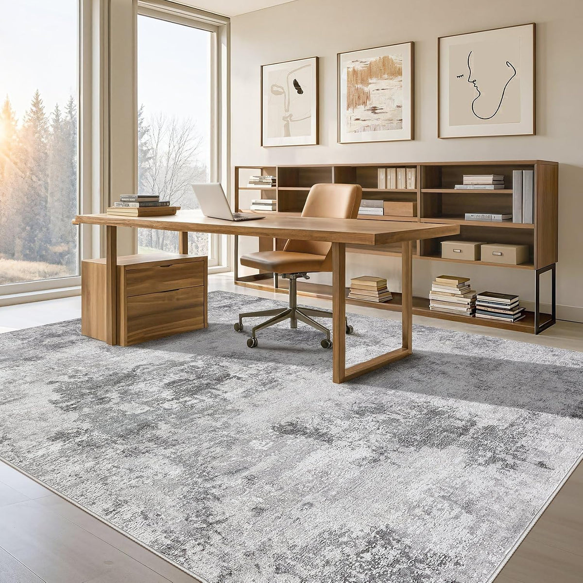 Tortania Washable 8x10 Area Rug for Living Room: Modern Abstract Neutral Large Soft Thin Rugs - Non Slip Indoor Carpet for Bedroom Dining Room Office Nursery Home Floor Decoration - Smoky Gray