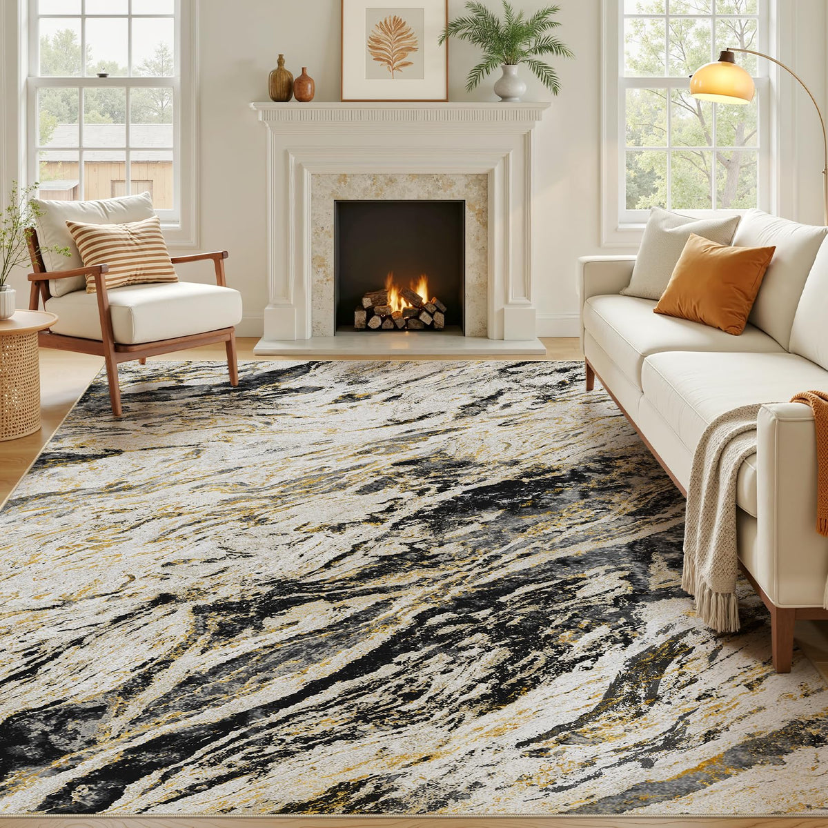 Area Rugs for Living Room: 9X12 Abstract Washable Rug Modern Neutral Large Soft Stain Resistant Non-Slip for Bedroom Dining Room Indoor Home Office Carpet - Blue Brown