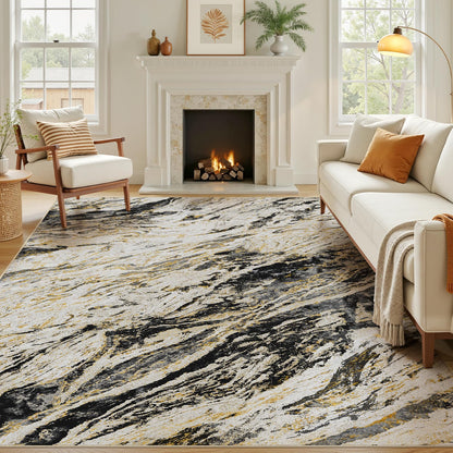Area Rugs for Living Room: 9X12 Abstract Washable Rug Modern Neutral Large Soft Stain Resistant Non-Slip for Bedroom Dining Room Indoor Home Office Carpet - Blue Brown