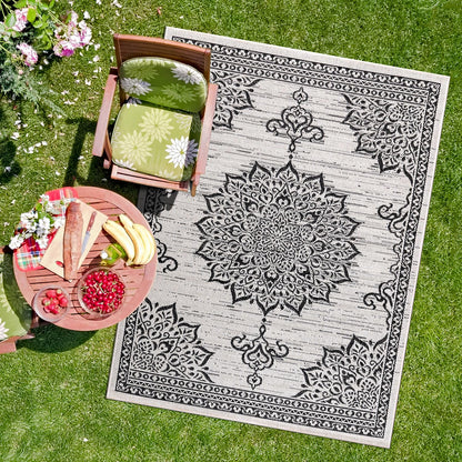 CAMILSON Indoor Outdoor Rug, 6x9 Bordered Dark Grey Black Modern Area Rugs for Indoor and Outdoor Patios, Kitchen and Hallway Mats, Washable Porch Deck Outside Carpet (Bordered Black, 6 x 9)