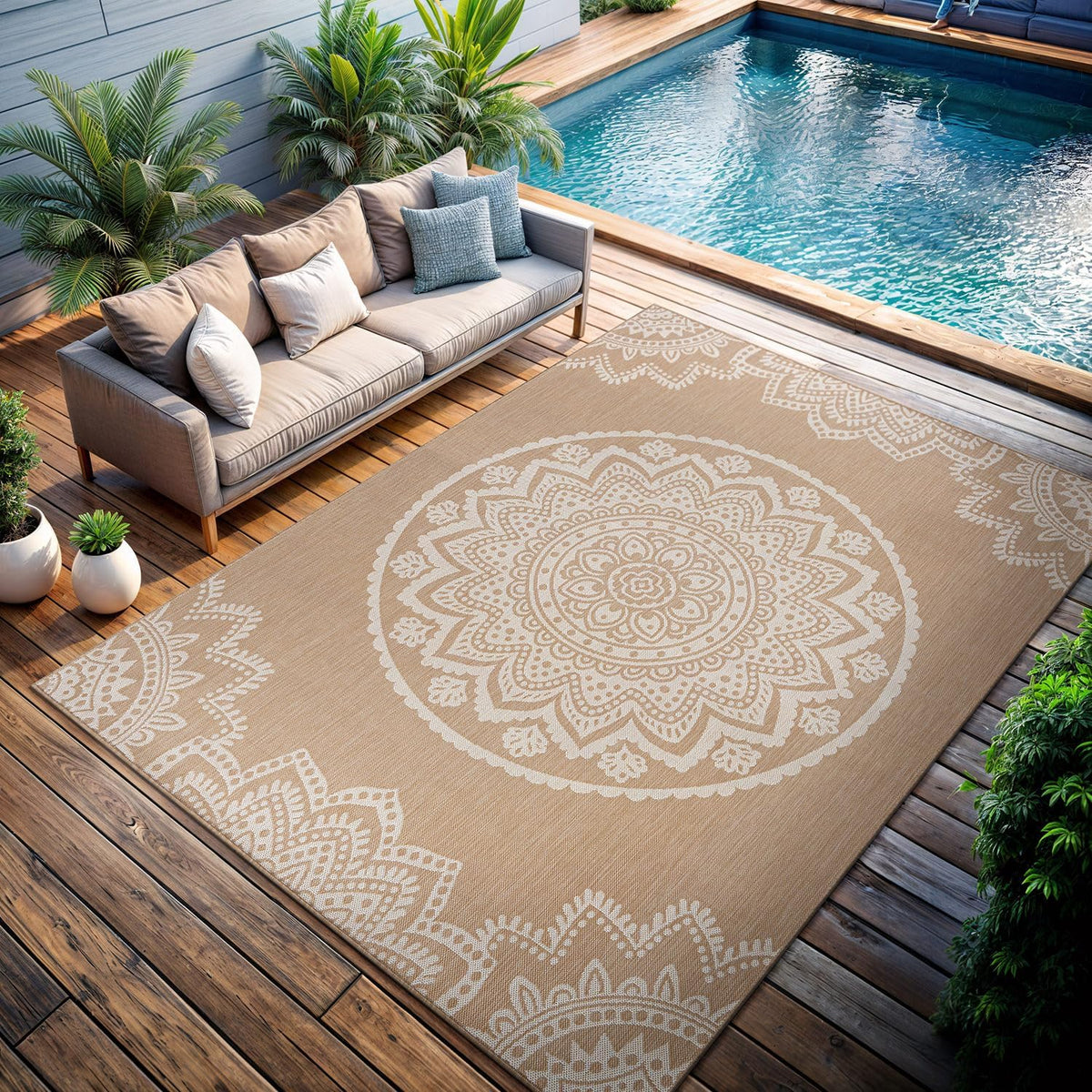 CAMILSON Outdoor Rug 5x7 Modern Area Rugs for Indoor and Outdoor Patios and Porches - Waterproof, Washable, Non-Shedding, Easy-to-Clean Outside Carpet (5 x 7, Medallion - Beige/White)