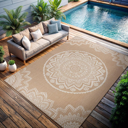 CAMILSON Outdoor Rug 5x7 Modern Area Rugs for Indoor and Outdoor Patios and Porches - Waterproof, Washable, Non-Shedding, Easy-to-Clean Outside Carpet (5 x 7, Medallion - Beige/White)