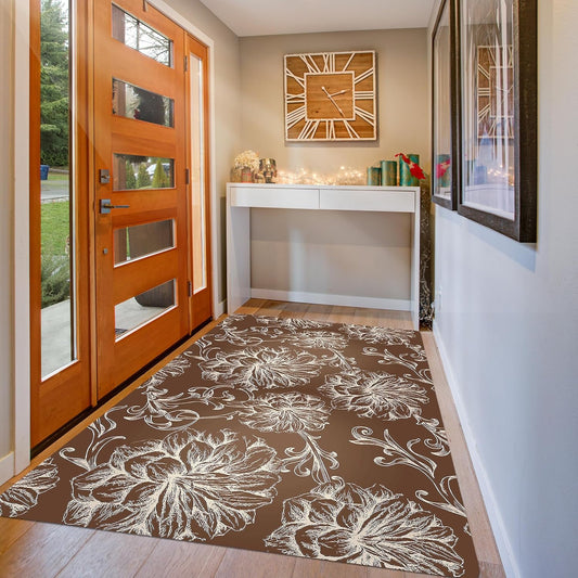 3×5 Feet Extra Large 1/10" Ultra Thin Front Door Mat Indoor Entryway Area Rug for Inside Entry, Non Slip Washable Rubber Interior Door Mats Entrance Home, Baroque Brown