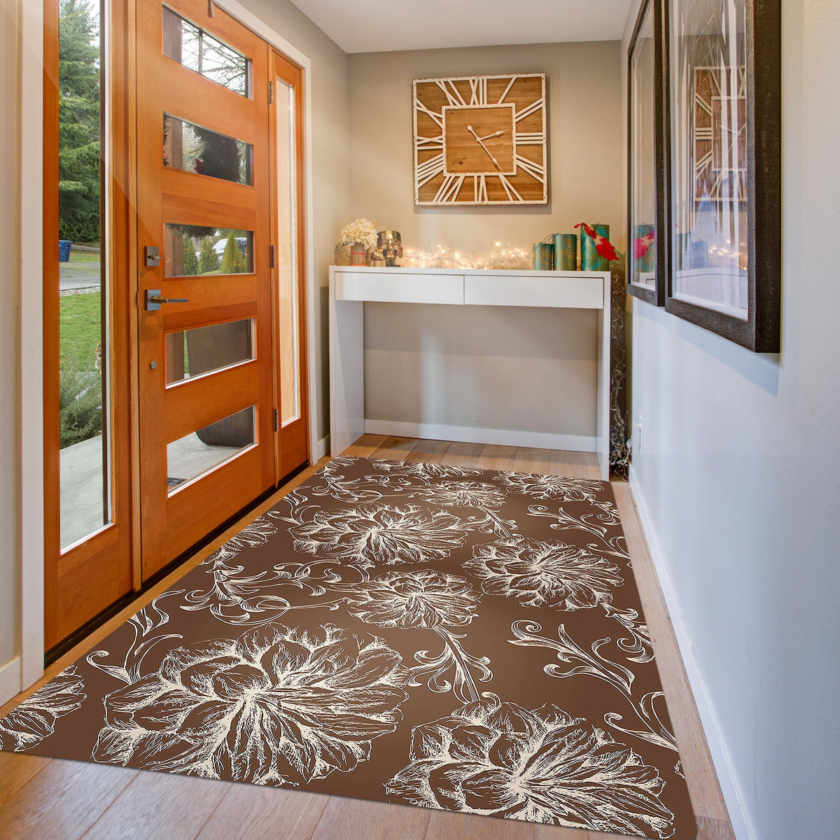 3×5 Feet Extra Large 1/10" Ultra Thin Front Door Mat Indoor Entryway Area Rug for Inside Entry, Non Slip Washable Rubber Interior Door Mats Entrance Home, Baroque Brown