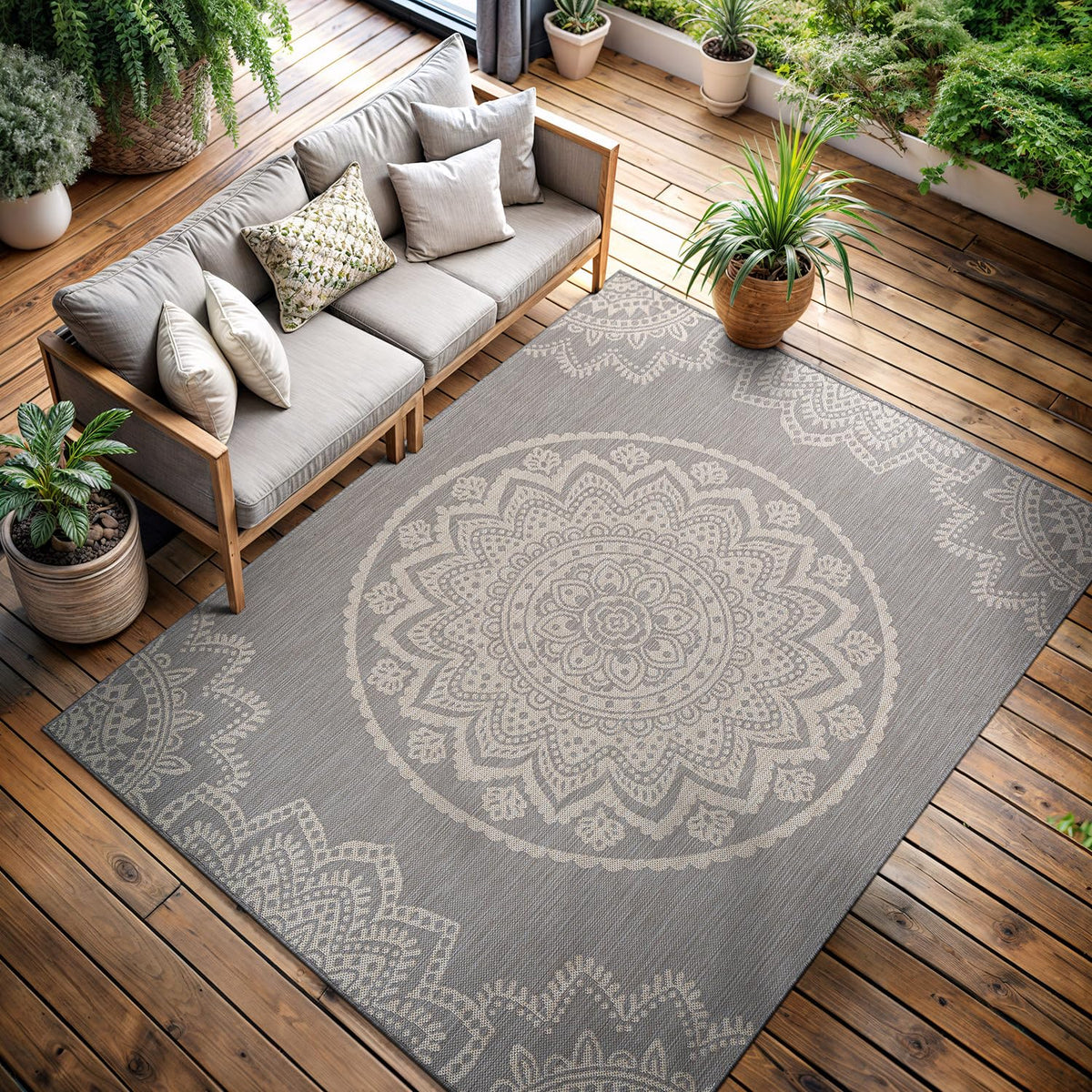 CAMILSON Outdoor Rug 5x7 Modern Area Rugs for Indoor and Outdoor Patios and Porches - Waterproof, Washable, Non-Shedding, Easy-to-Clean Outside Carpet (5 x 7, Medallion - Beige/White)