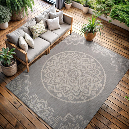 CAMILSON Outdoor Rug 5x7 Modern Area Rugs for Indoor and Outdoor Patios and Porches - Waterproof, Washable, Non-Shedding, Easy-to-Clean Outside Carpet (5 x 7, Medallion - Beige/White)