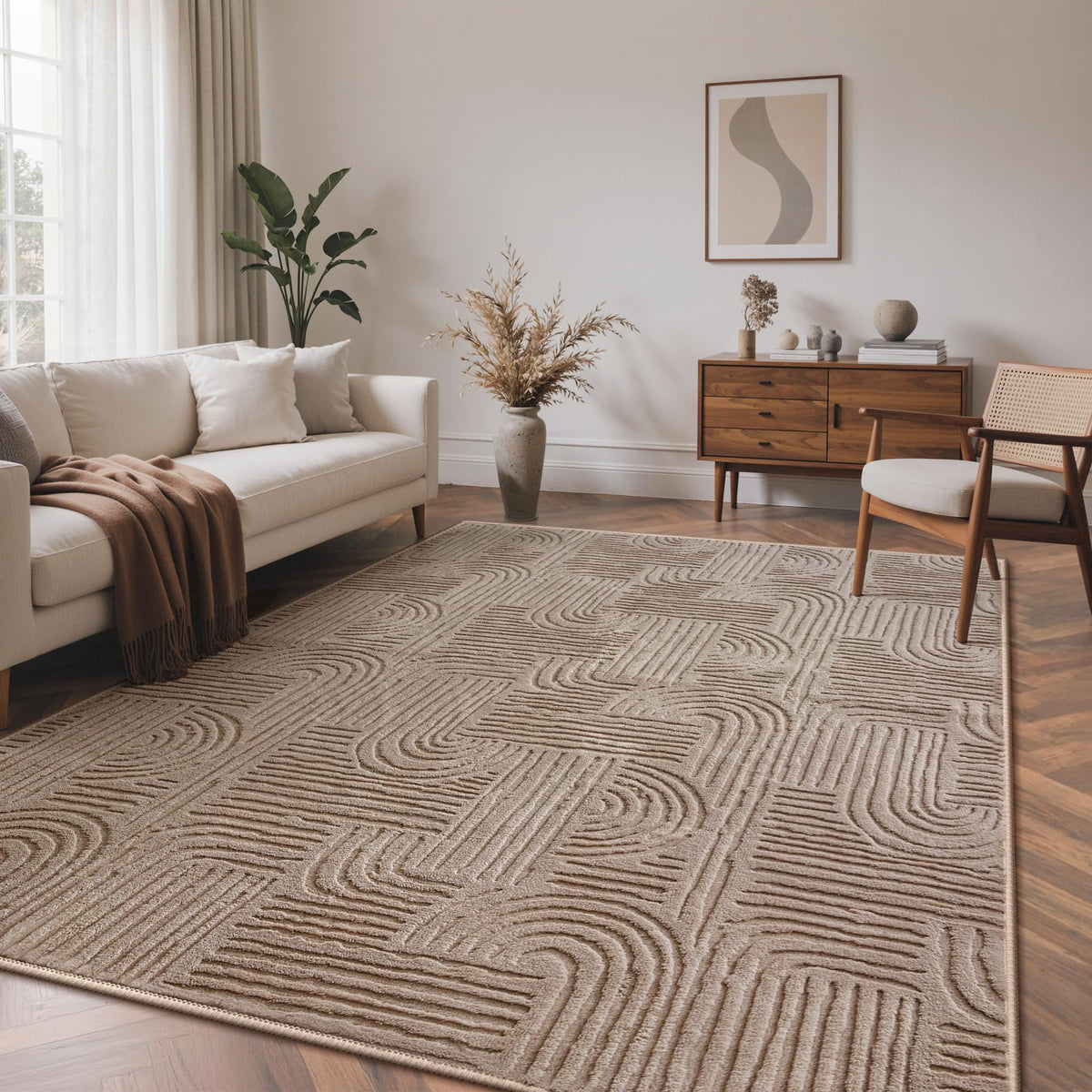 GENIMO Beige Rug 6x9 Washable Area Rugs for Living Room, Soft High Low Pile