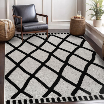 CAMILSON Modern Rug 6x9 Luxury Geometric Pattern Micro Loop Area Rugs Soft High and Low Pile Stain Resistant Easy to Clean Non-Shedding Durable Living Room Office Indoor Carpet (White/Black)