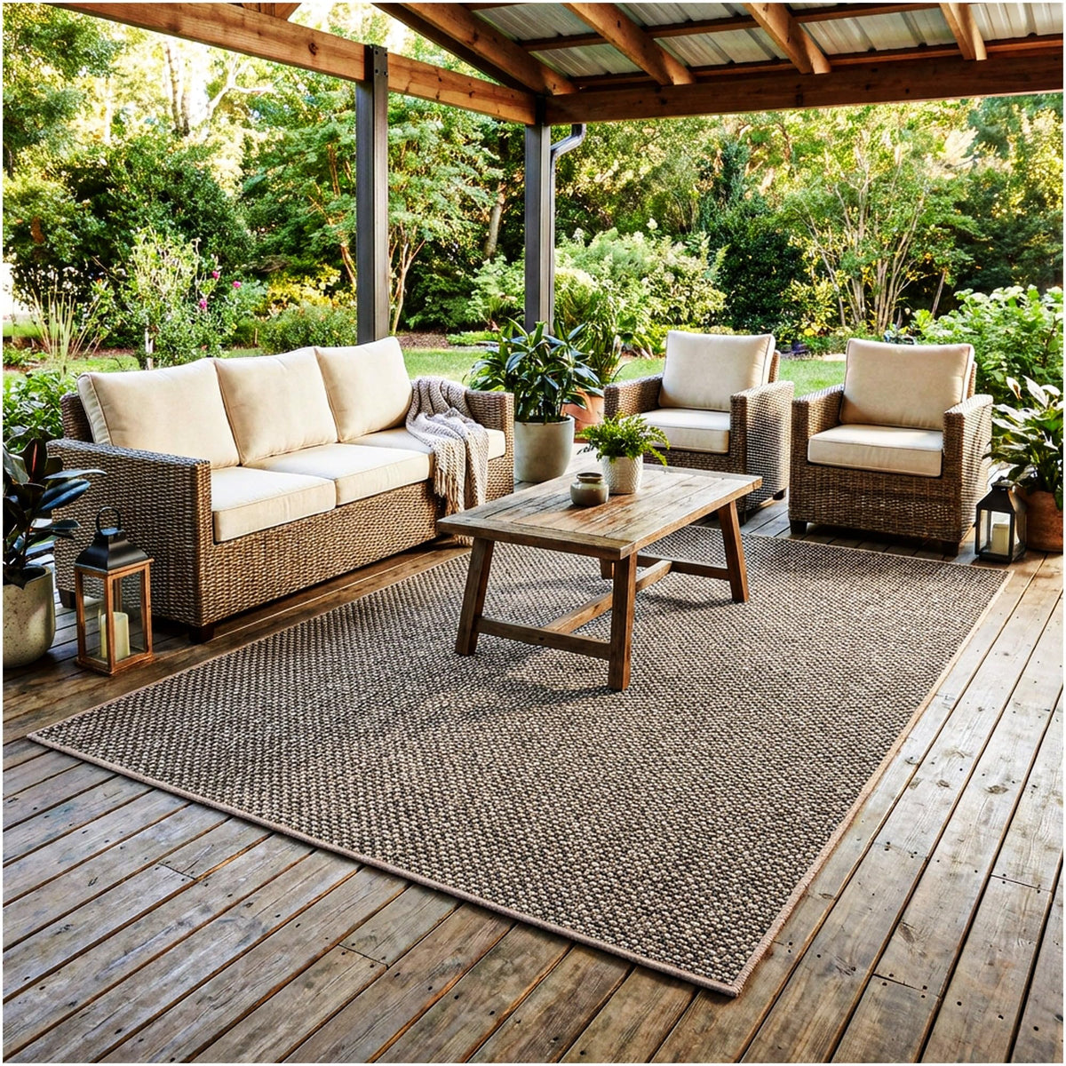 KOECKRITZ 6' x 12' Ivory Mix Nugget Special Indoor Outdoor Area Rug - Multilevel Loop Berber - Durable & Stain Resistant Carpet for Porches, Decks, Patios, Sunroom