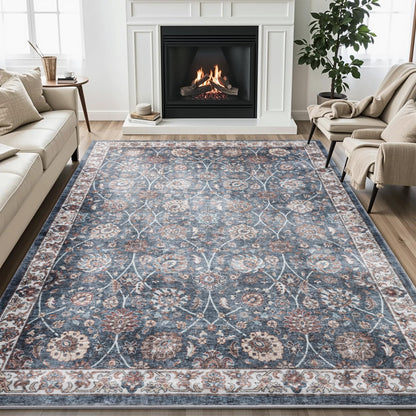 Carvapet Washable 3x5 Area Rug Orange Blue Vintage Floral Carpet