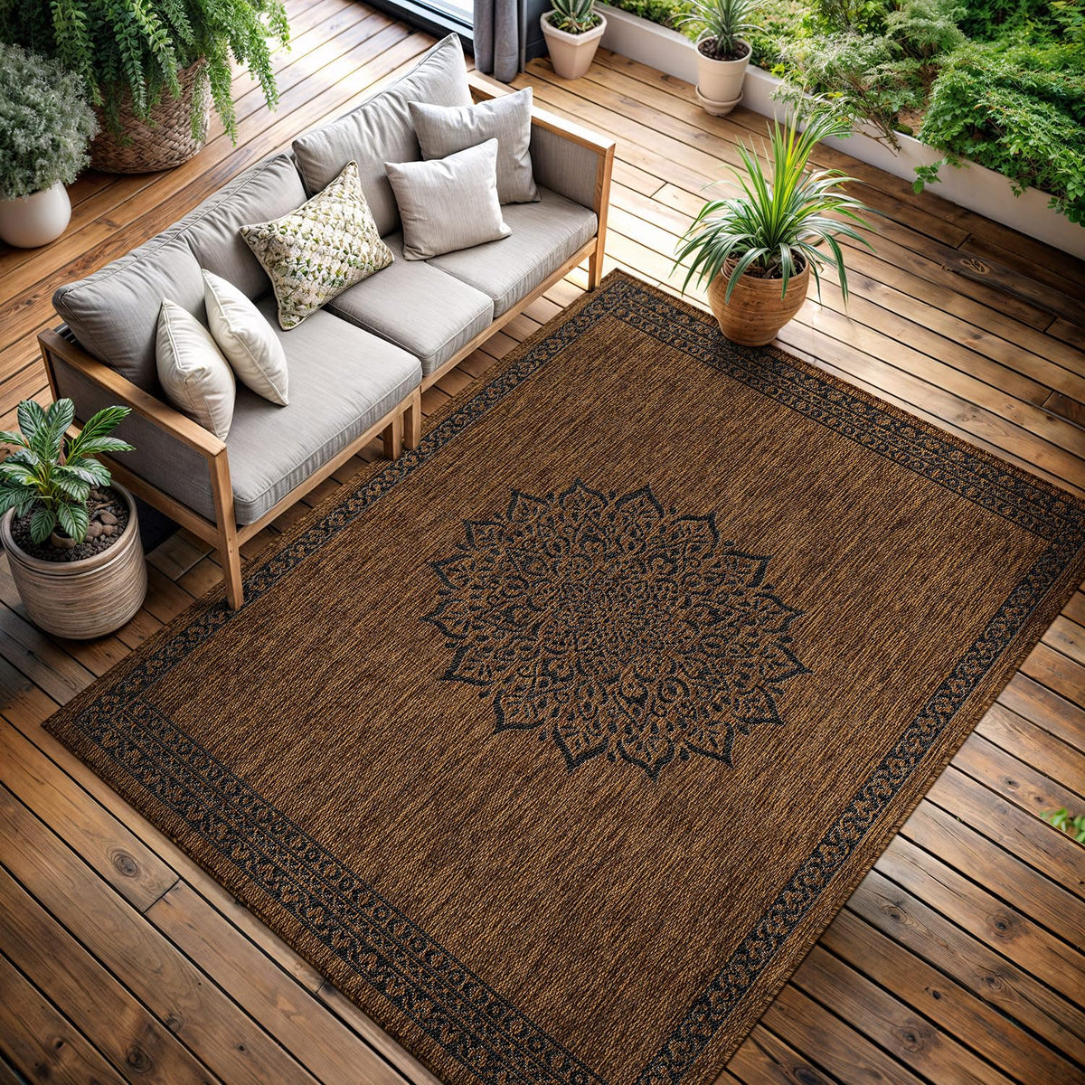 CAMILSON Indoor Outdoor Rug, 6x9 Bordered Dark Grey Black Modern Area Rugs for Indoor and Outdoor Patios, Kitchen and Hallway Mats, Washable Porch Deck Outside Carpet (Bordered Black, 6 x 9)
