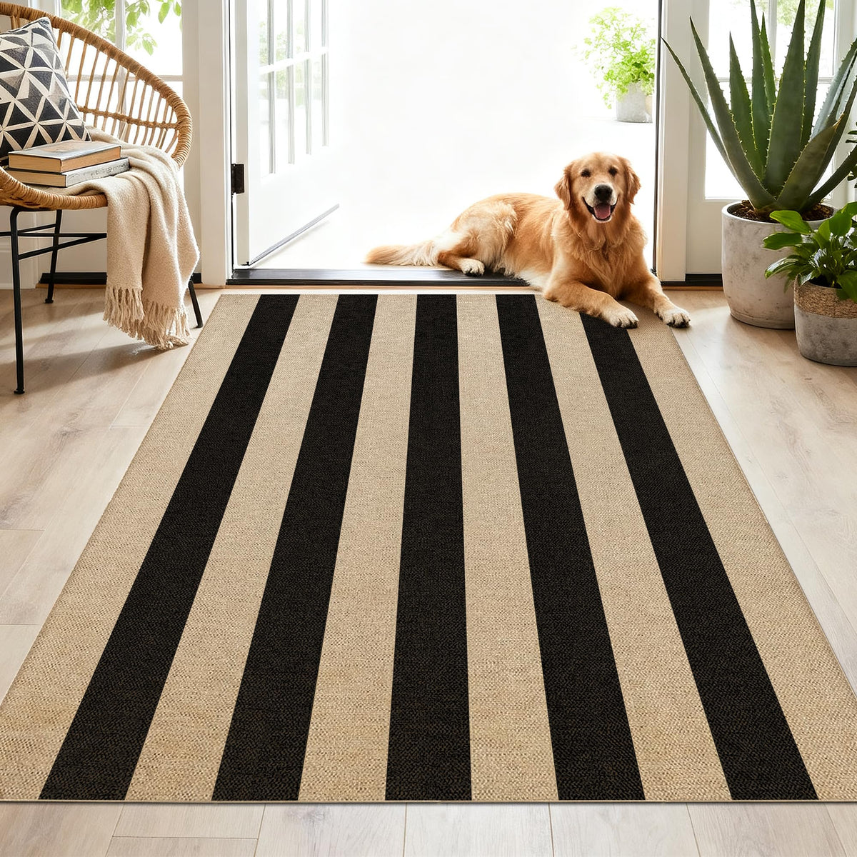 Washable 8x10 Black Striped Easy Jute Indoor Outdoor Rug for Living Room