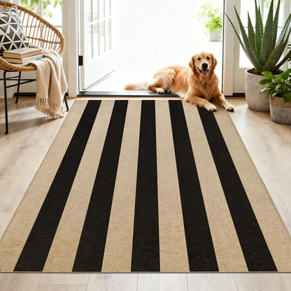 Washable 8x10 Black Striped Easy Jute Indoor Outdoor Rug for Living Room