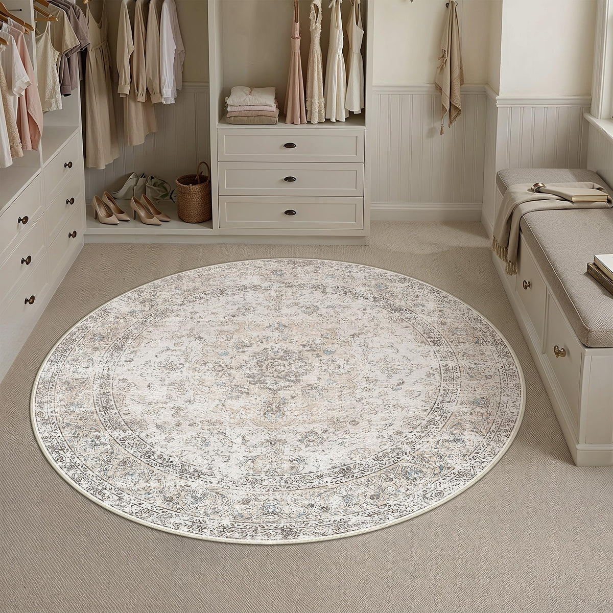 8x10 Washable Area Rug Beige Grey Non Slip Vintage Carpet