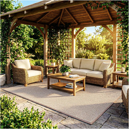KOECKRITZ 6' x 12' Ivory Mix Nugget Special Indoor Outdoor Area Rug - Multilevel Loop Berber - Durable & Stain Resistant Carpet for Porches, Decks, Patios, Sunroom